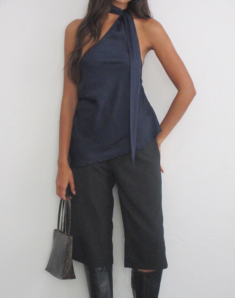 Sambara Asymmetric Halter Top with Scarf Tie in Satin Navy