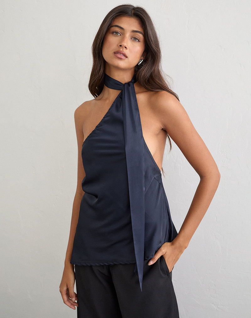 Sambara Asymmetric Halter Top with Scarf Tie in Satin Navy