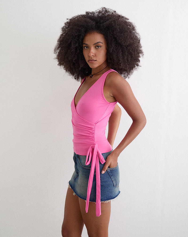 Saneya Plunge Top in Rayon Jersey Deep Pink