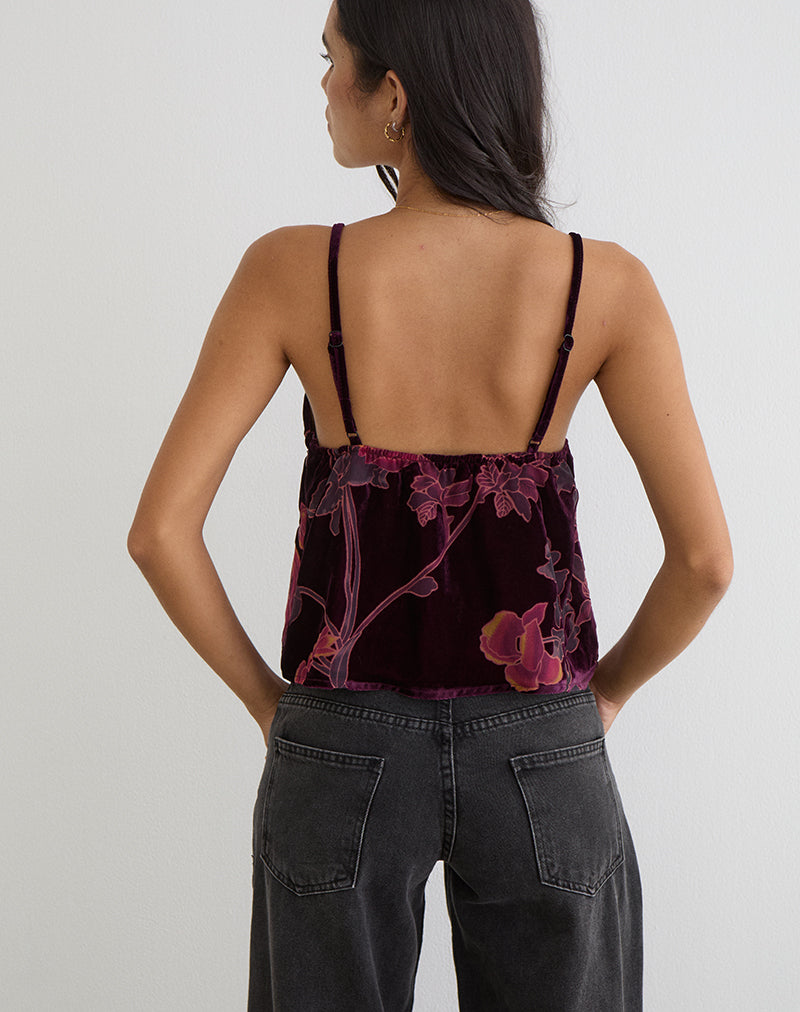 Sarinda Cami Top in Floral Devore Burgundy