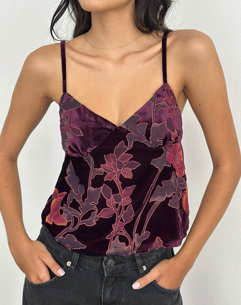 Sarinda Cami Top in Floral Devore Burgundy