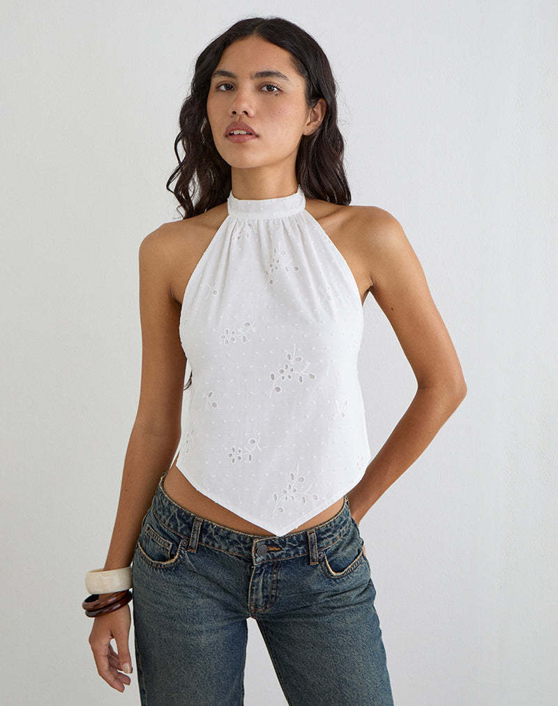 Sedona Halterneck Top in Broderie White