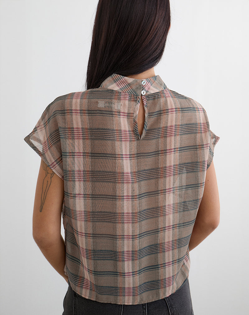 Sekala Top in Brown and Pink Blurry Check