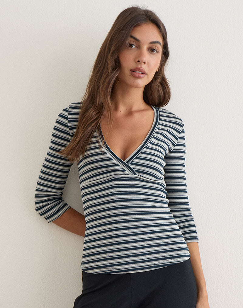 Silea Top in Jersey Stripe Navy and Grey
