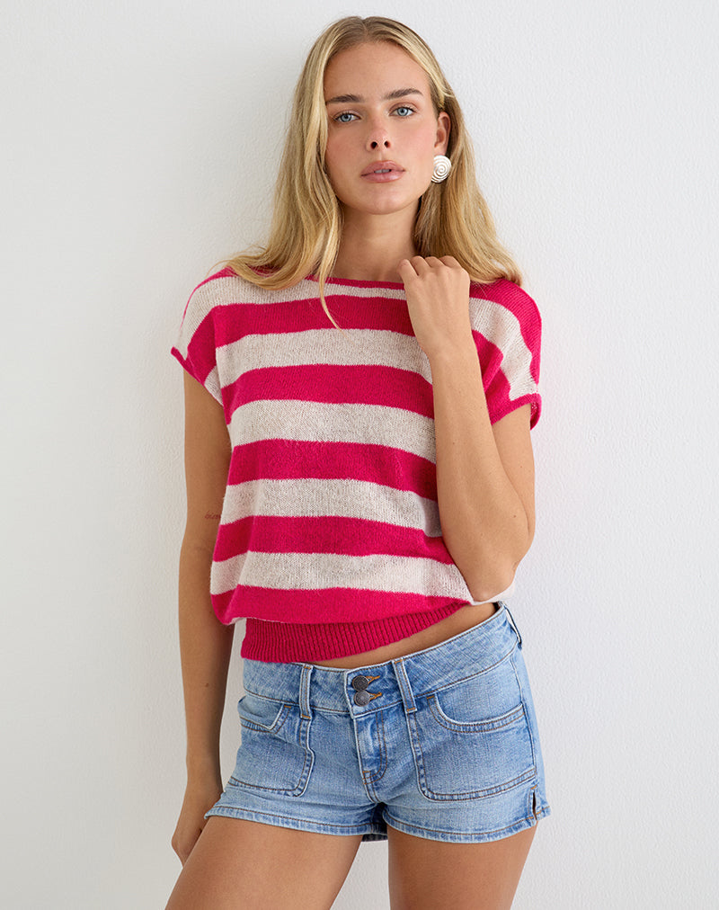 Sinda Scoopback Top in Knit Maxi Stripe Raspberry and Beige