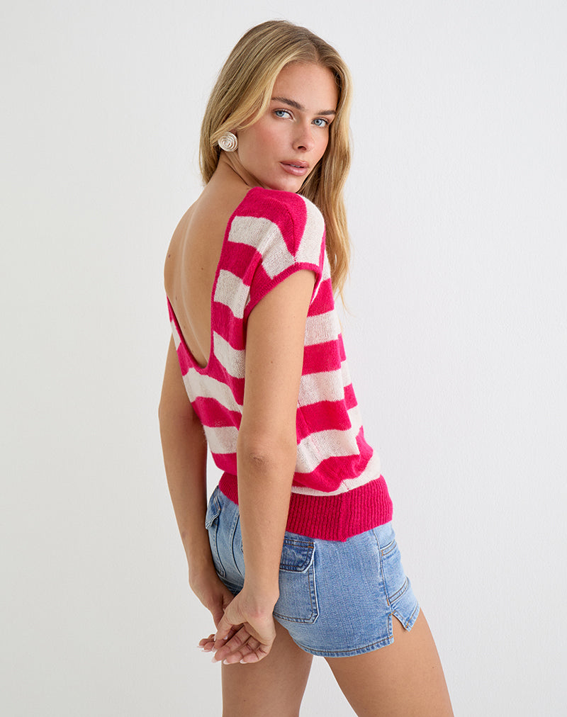 Sinda Scoopback Top in Knit Maxi Stripe Raspberry and Beige