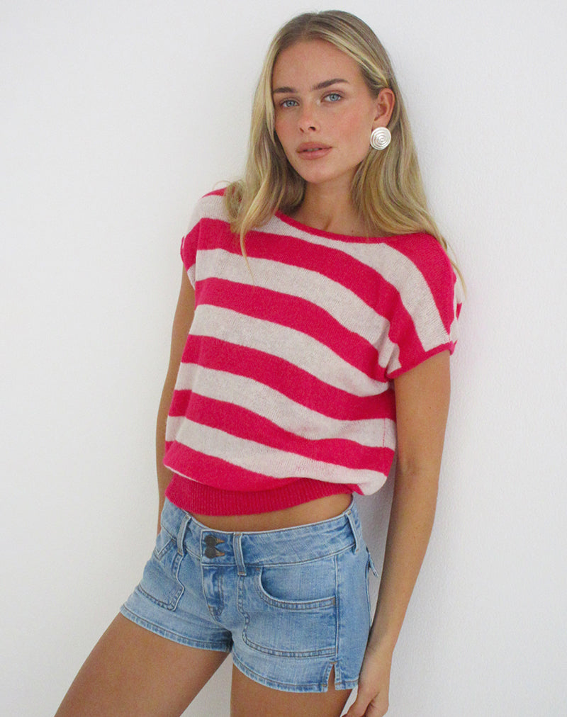 Sinda Scoopback Top in Knit Maxi Stripe Raspberry and Beige
