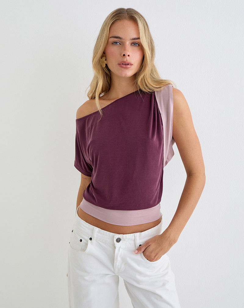 Sobiya One Shoulder Top in Cupro Deep Purple and Dusty Pink