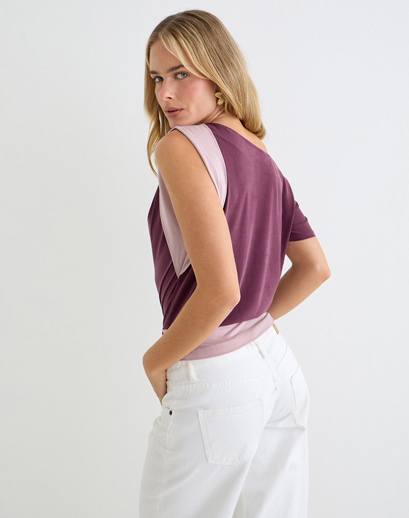 Sobiya One Shoulder Top in Cupro Deep Purple and Dusty Pink