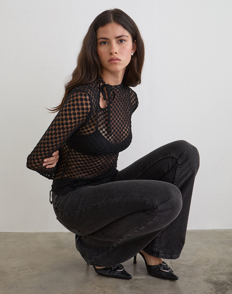 Sonam Long Sleeve Keyhole Top in Polka Lace Black
