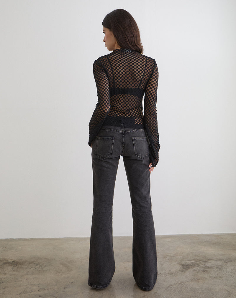 Sonam Long Sleeve Keyhole Top in Polka Lace Black