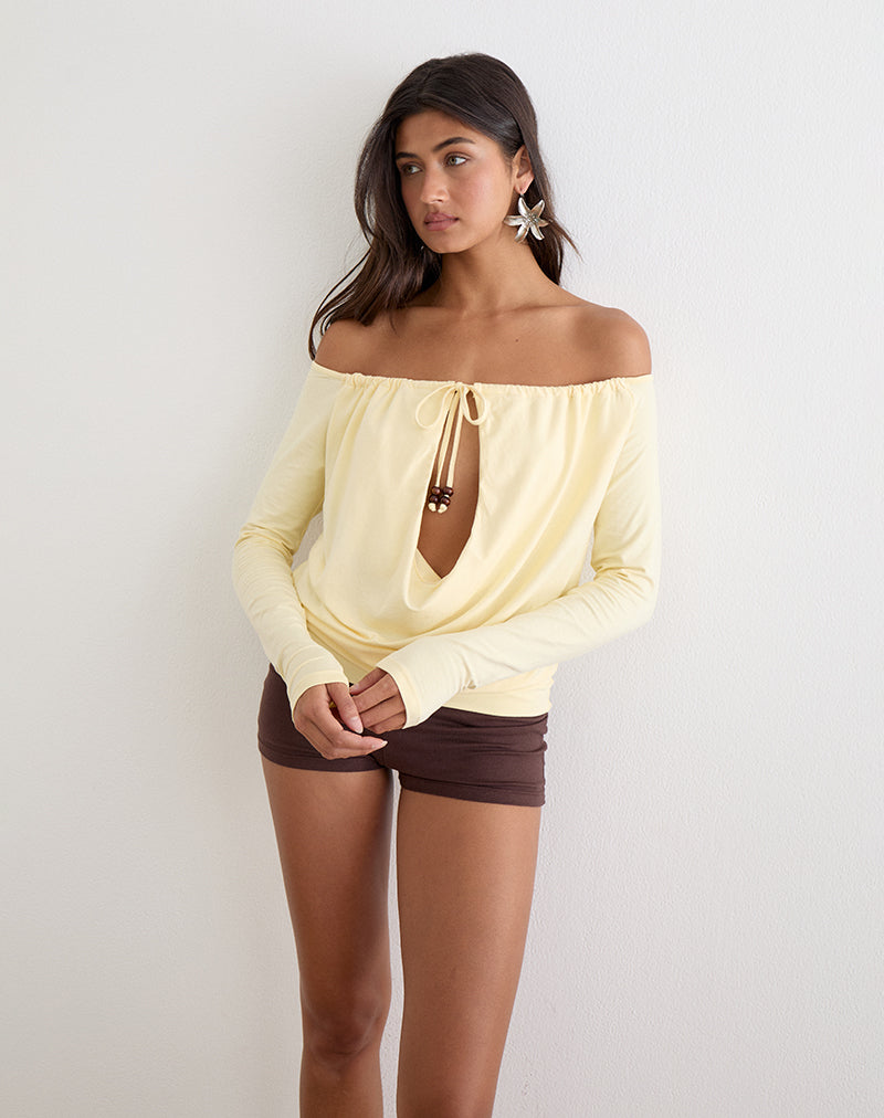 Sore Long Sleeve Cowl Top with Beads in Jersey Lemon