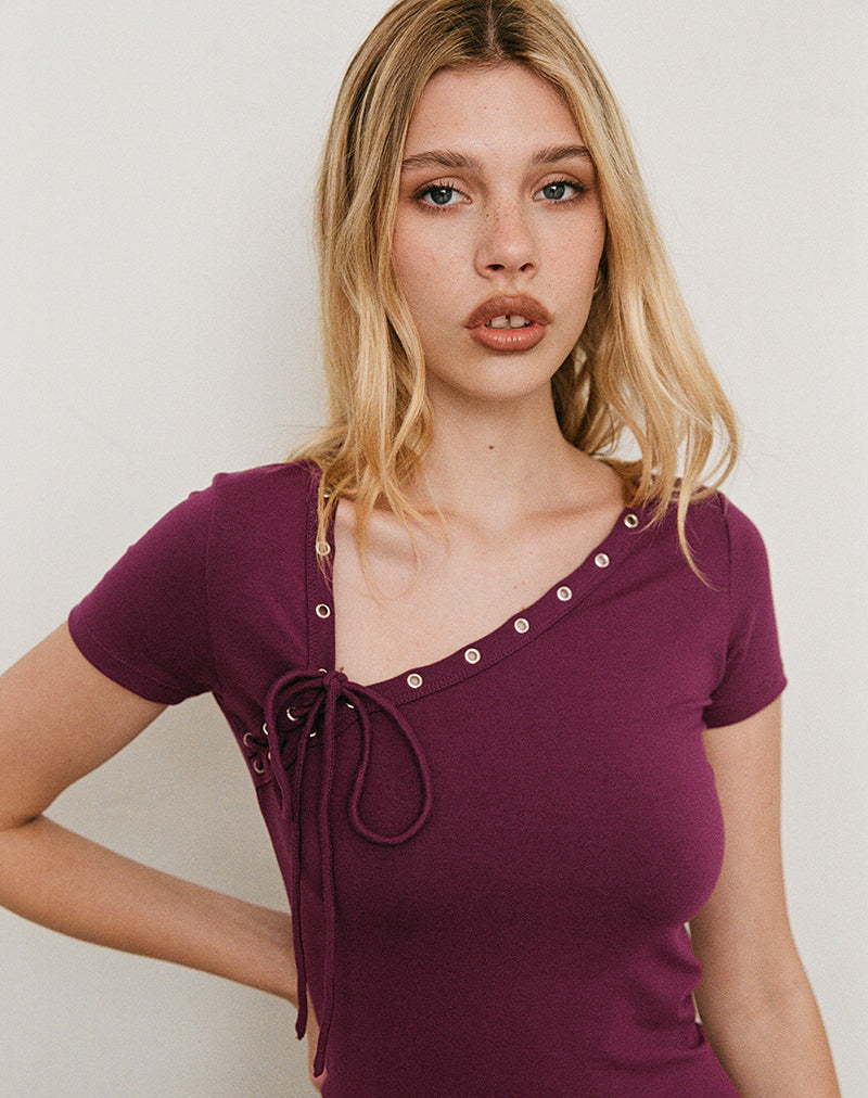 Sudata Lace Up Top in Rayon Jersey Deep Purple