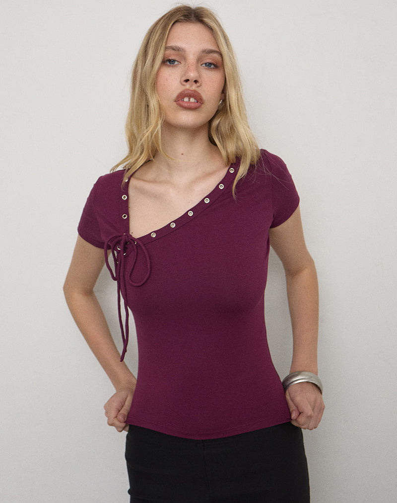 Sudata Lace Up Top in Rayon Jersey Deep Purple