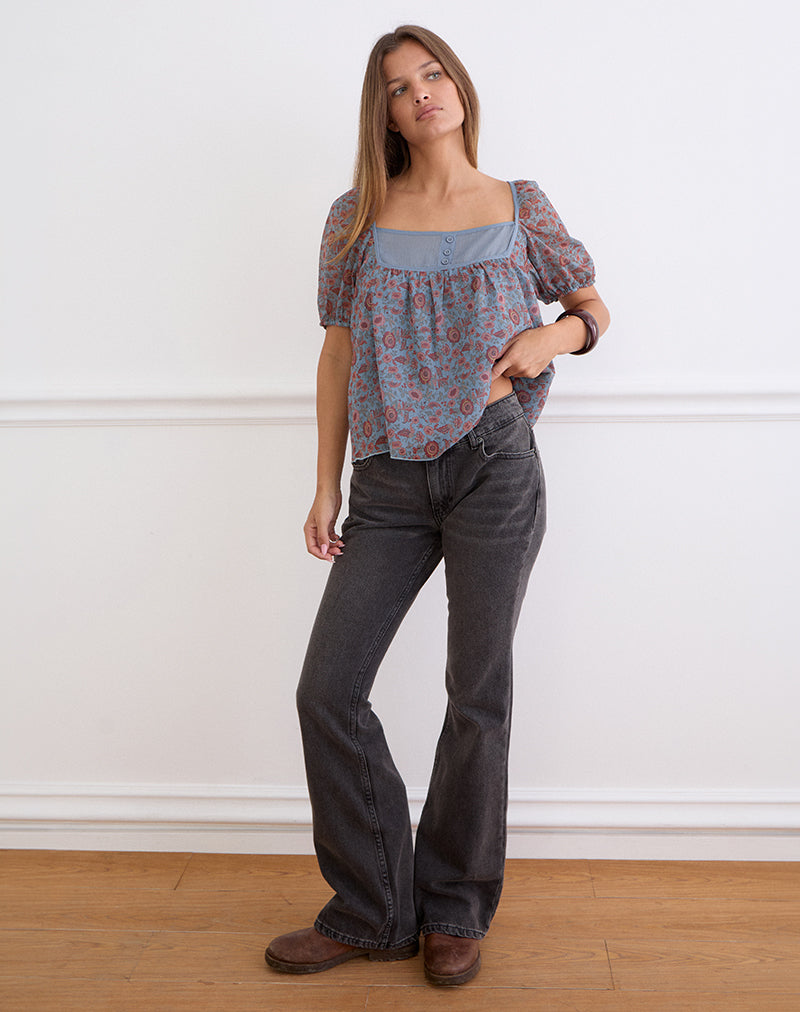 Sumire Top in Shadow Blossom Blue Chiffon