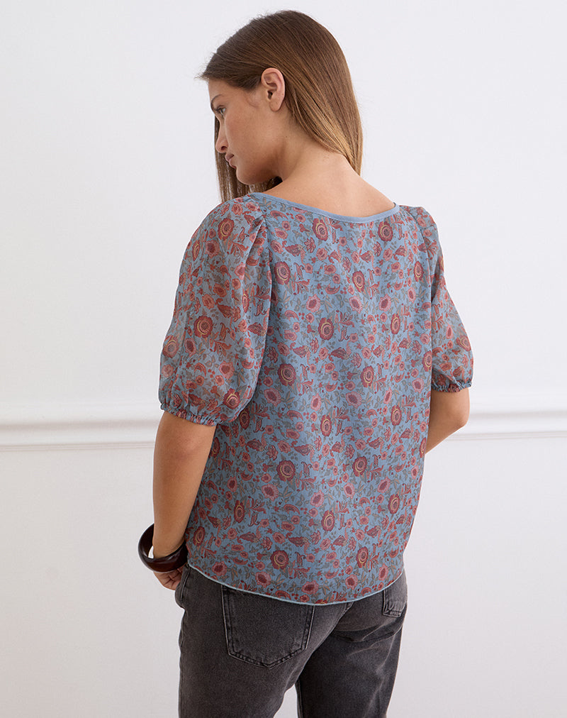 Sumire Top in Shadow Blossom Blue Chiffon