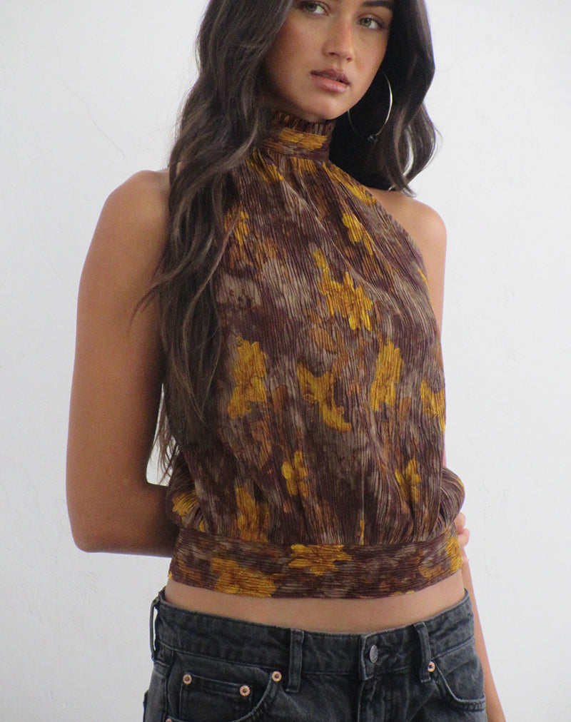 Sunari Top in Floral Plisse Brown and Yellow