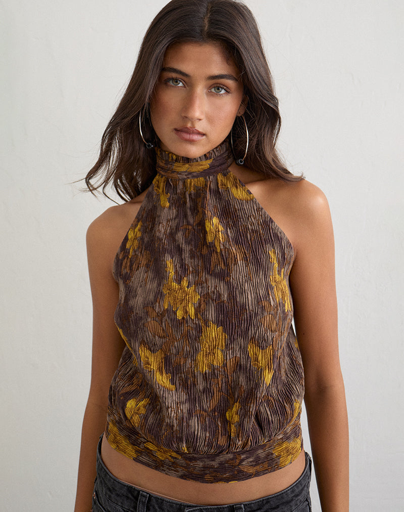 Sunari Top in Floral Plisse Brown and Yellow