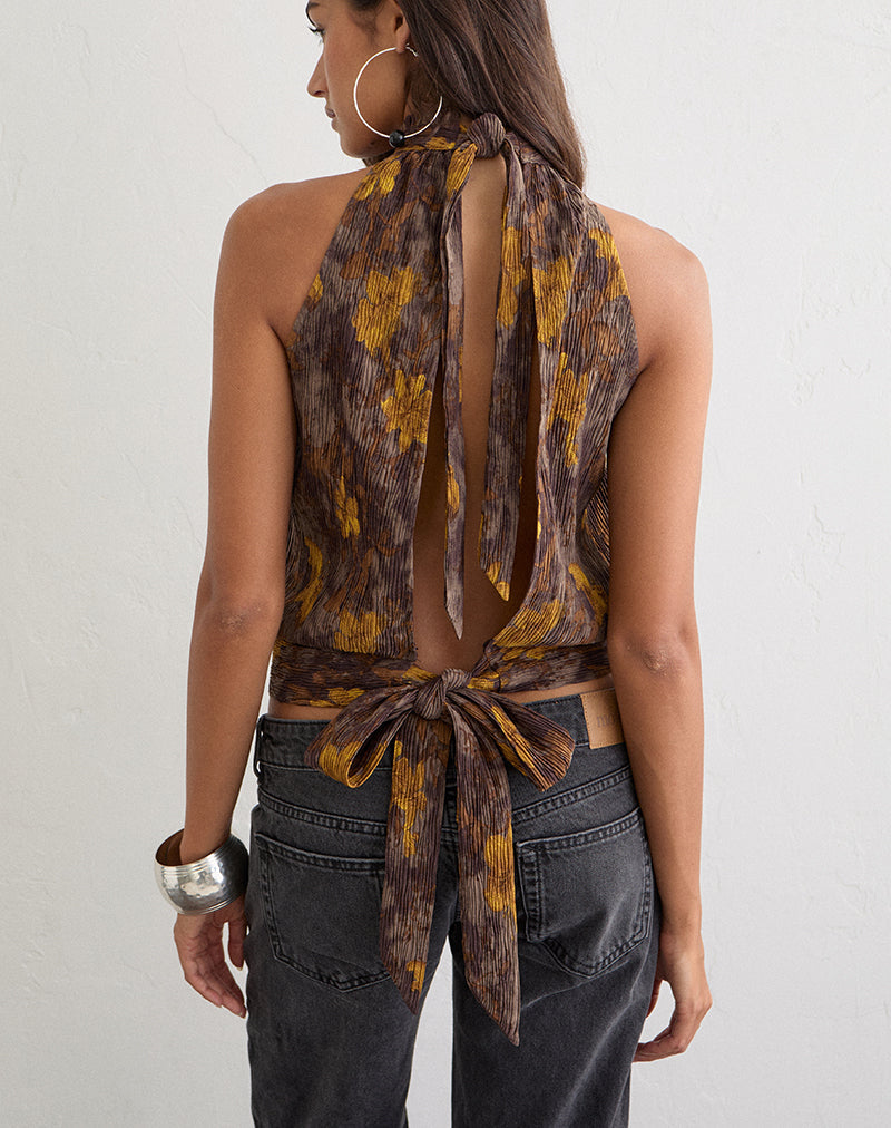 Sunari Top in Floral Plisse Brown and Yellow