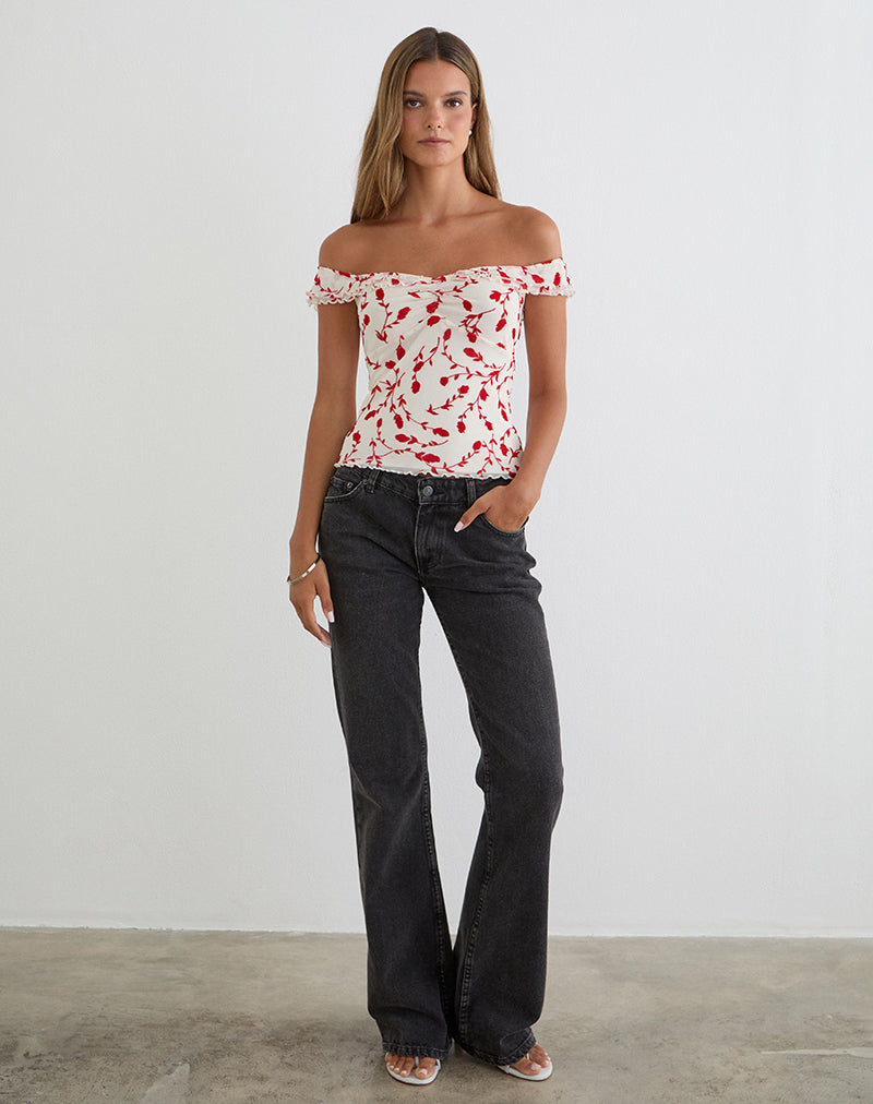 Switi Bardot Top in Cream with Red Leafy Lily Flock