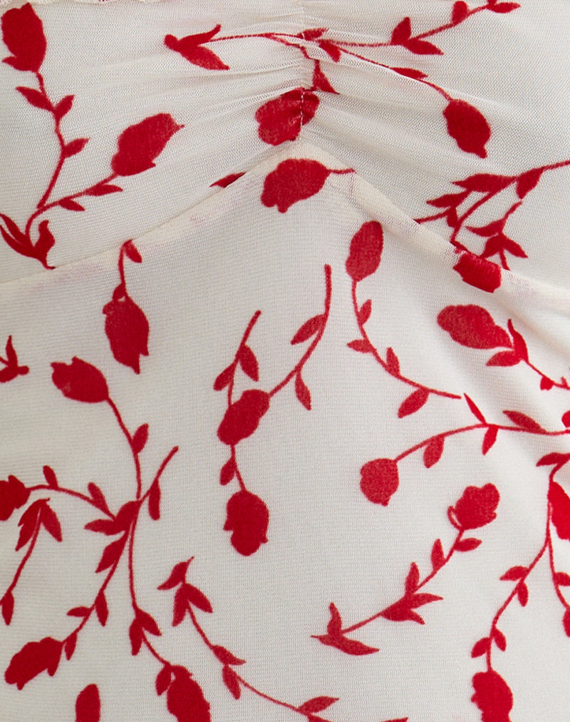 Switi Bardot Top in Cream with Red Leafy Lily Flock