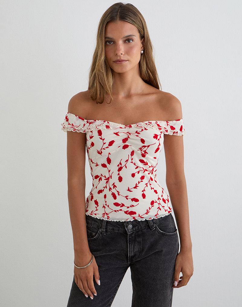 Switi Bardot Top in Cream with Red Leafy Lily Flock