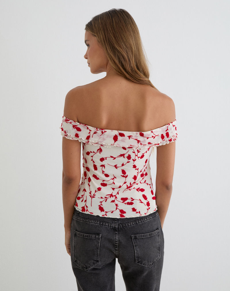Switi Bardot Top in Cream with Red Leafy Lily Flock