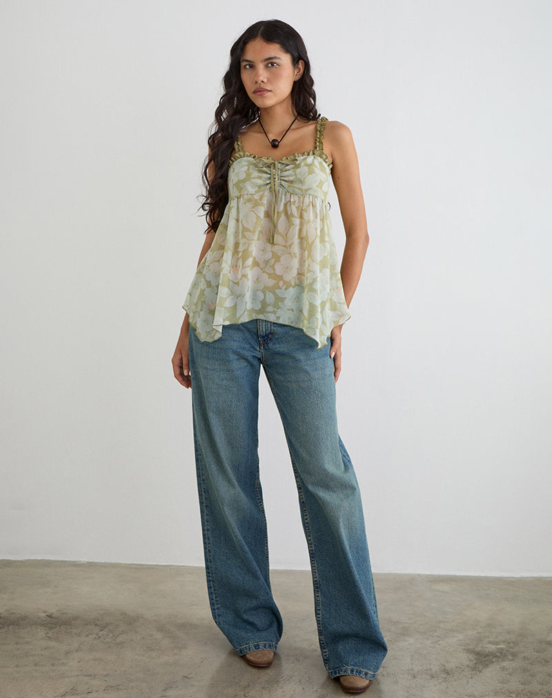 Sylva Asymmetric Hem Cami Top in Pale Flower Green