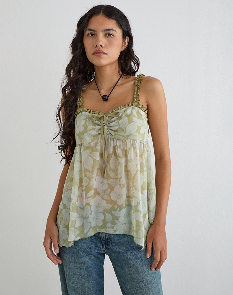 Sylva Asymmetric Hem Cami Top in Pale Flower Green