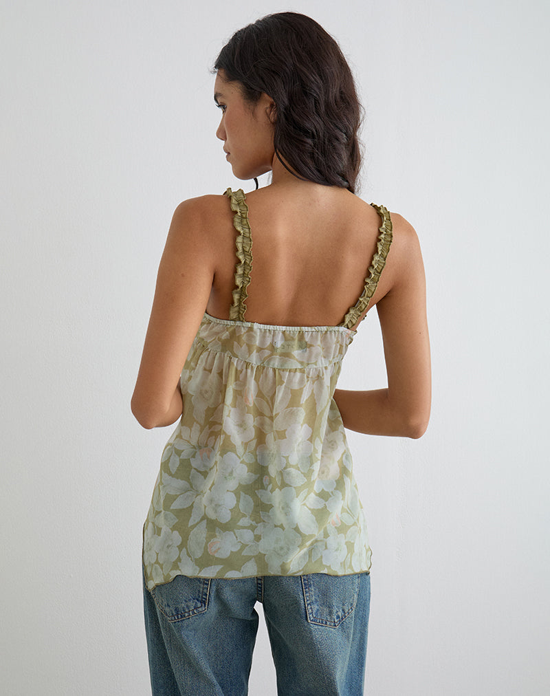 Sylva Asymmetric Hem Cami Top in Pale Flower Green