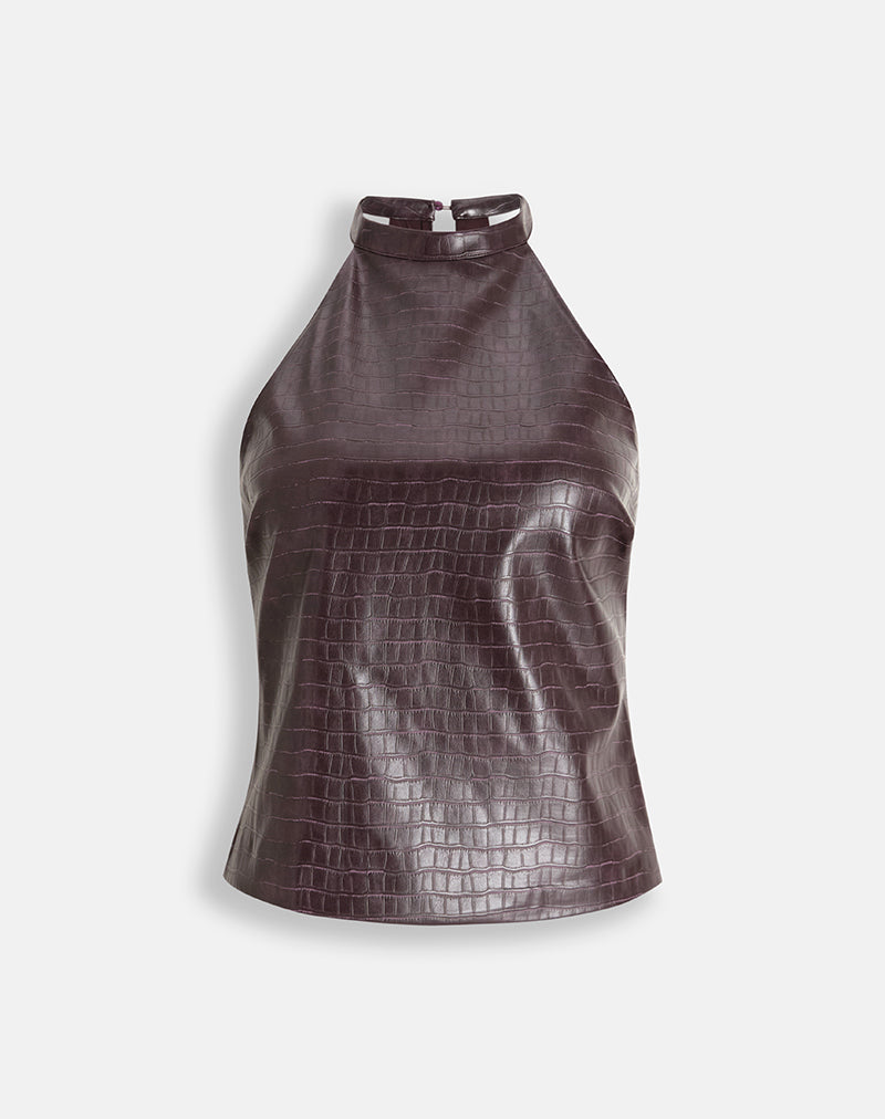 Tali High Neck Top in Croc PU Aubergine