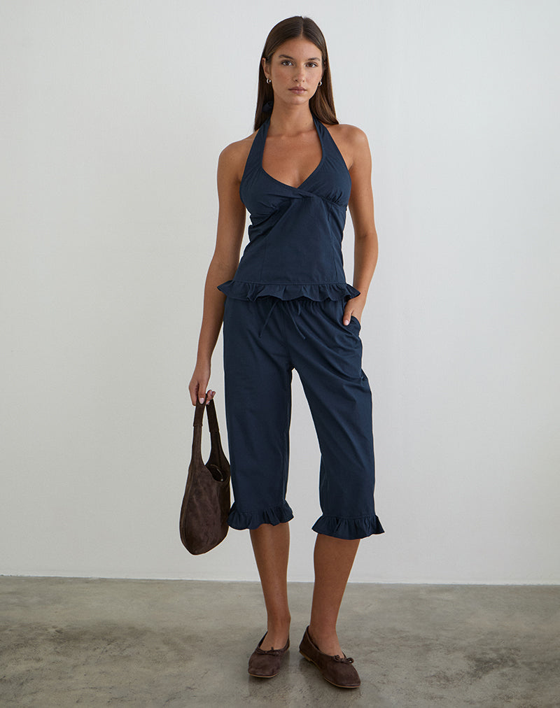 Tamzen Halterneck Top in Dark Navy with Frill Hem