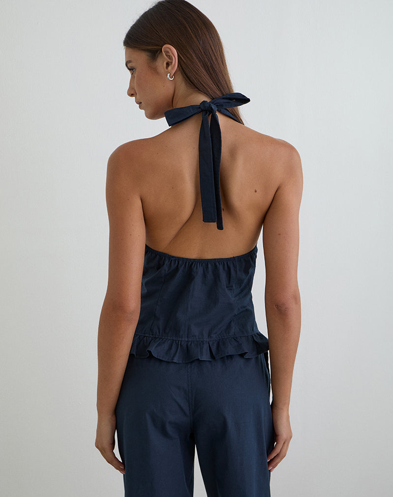 Tamzen Halterneck Top in Dark Navy with Frill Hem