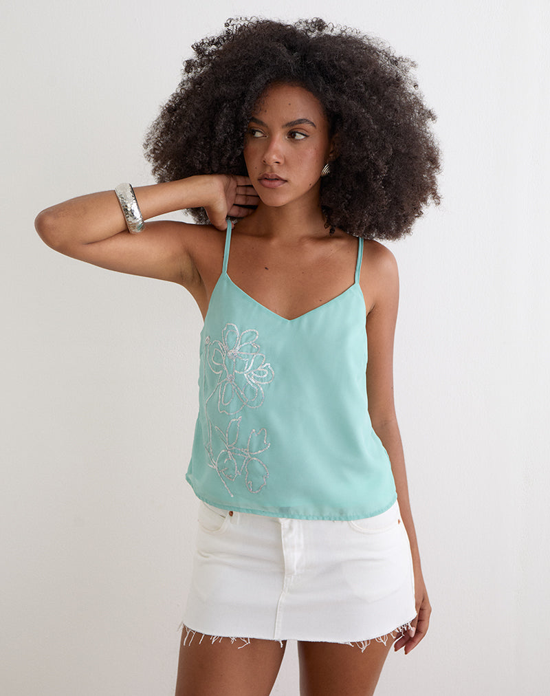 Tavina Top in Chiffon Floral Sequin Turquoise