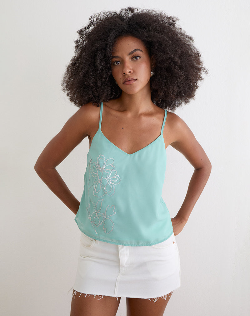 Tavina Top in Chiffon Floral Sequin Turquoise