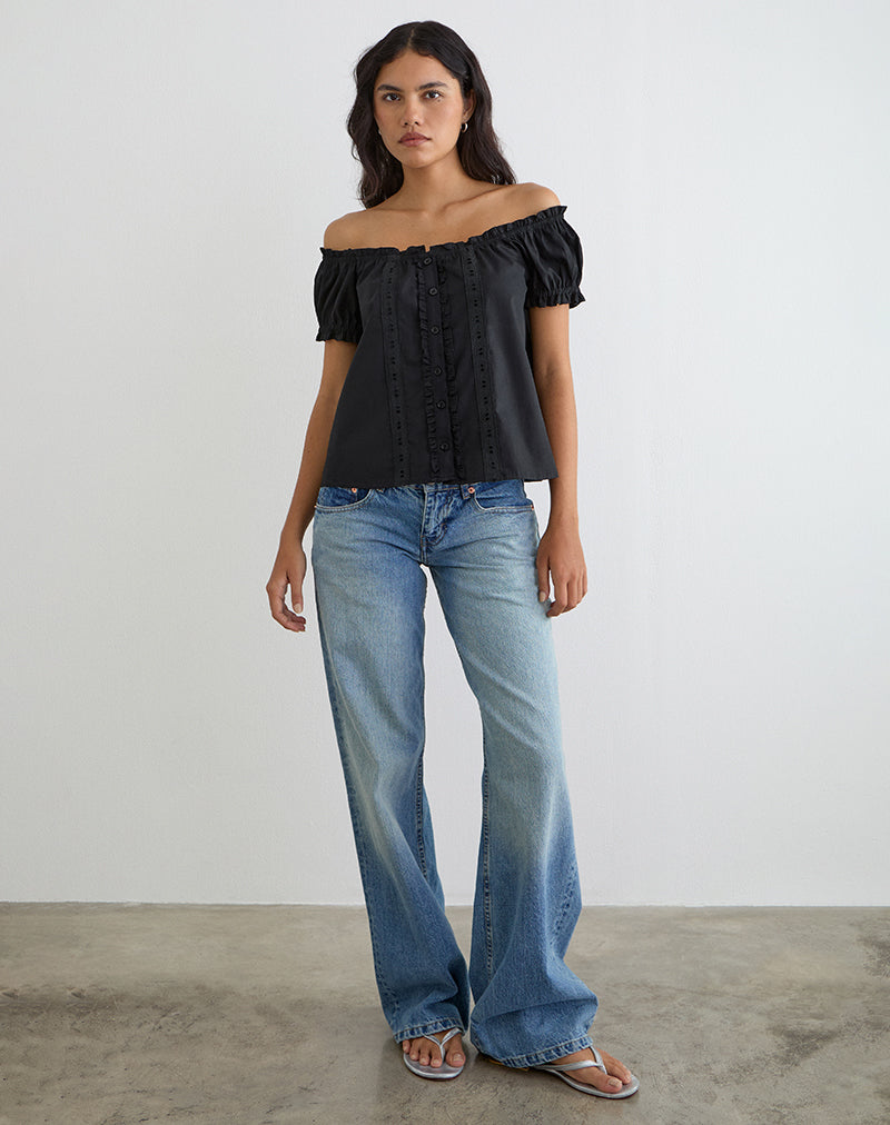 Tempest Bardot Puff Sleeve Top in Poplin Black