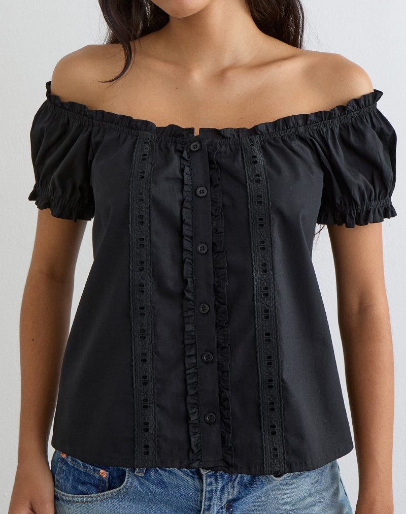 Tempest Bardot Puff Sleeve Top in Poplin Black