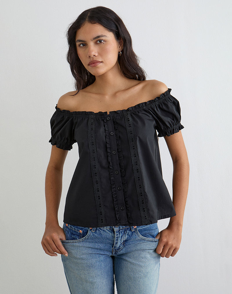 Tempest Bardot Puff Sleeve Top in Poplin Black