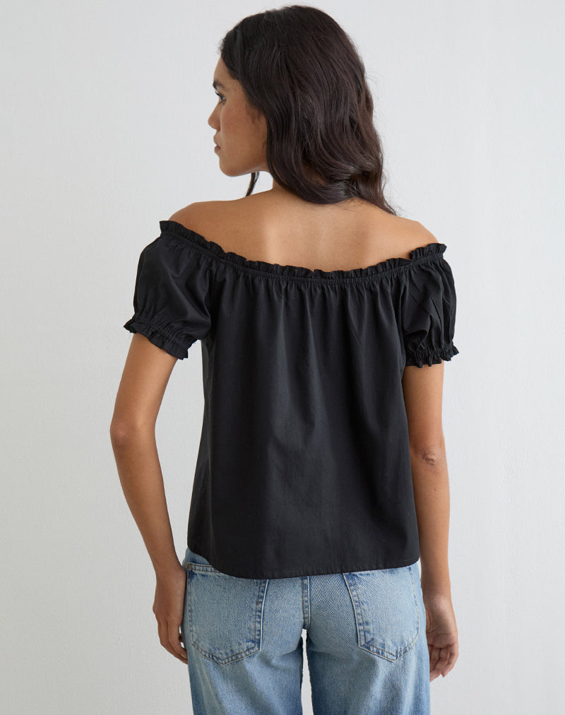 Tempest Bardot Puff Sleeve Top in Poplin Black