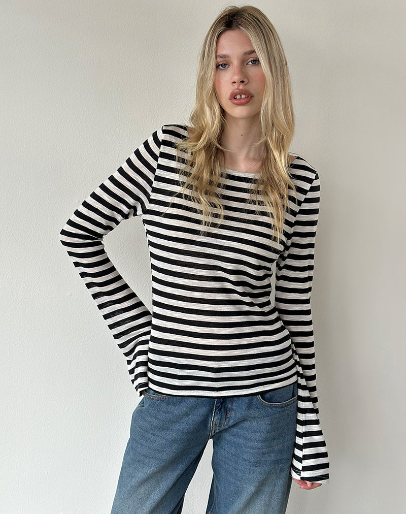 Tineko Long Sleeve Top in Sheer Jersey Black and White Stripe