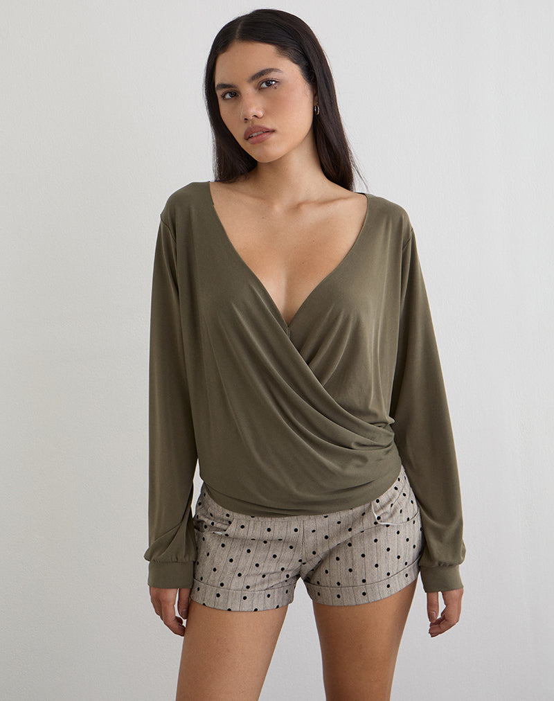 Tricia Plunge Drape Top in Cupro Khaki