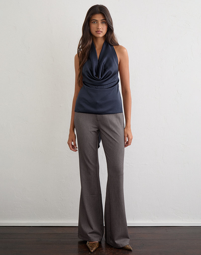 Uliha Cowl Halter Top with Tie Back in Satin Navy