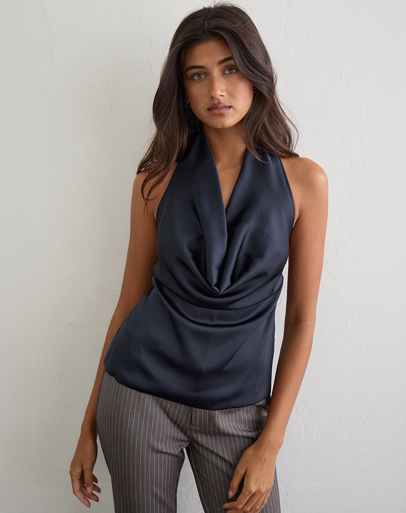 Uliha Cowl Halter Top with Tie Back in Satin Navy