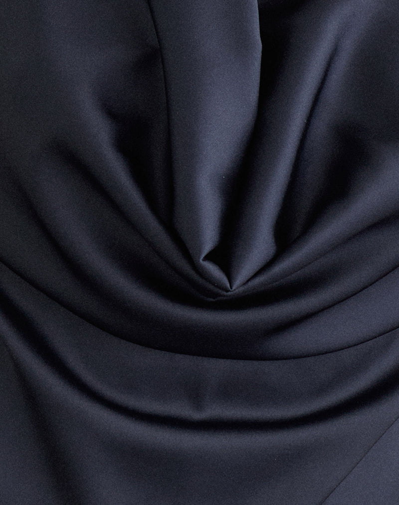 Uliha Cowl Halter Top with Tie Back in Satin Navy