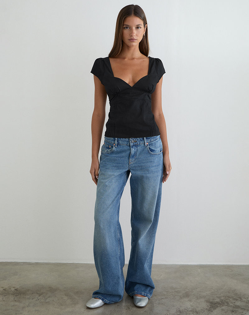 Uliva Cap Sleeve Corset Top in Poplin Black