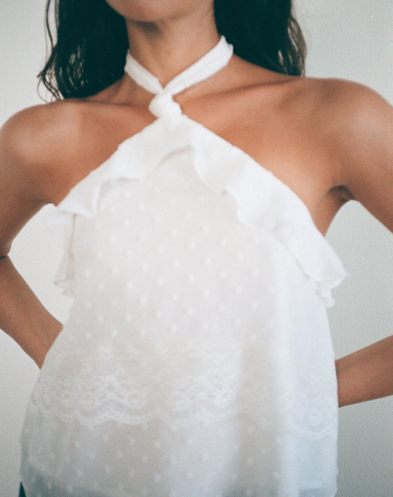 Uran Halterneck Top in Dobby Chiffon Lace White