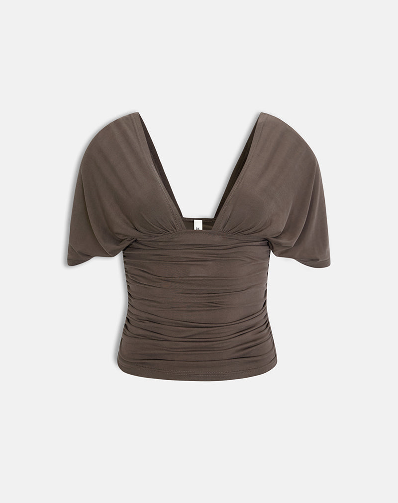 Vernia Plunge Batwing Top in Cupro Dark Brown