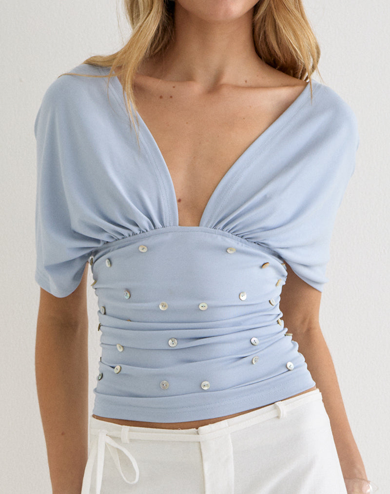 Vernia Plunge Batwing Top in Lyocell Dusty Blue with Pearl Buttons