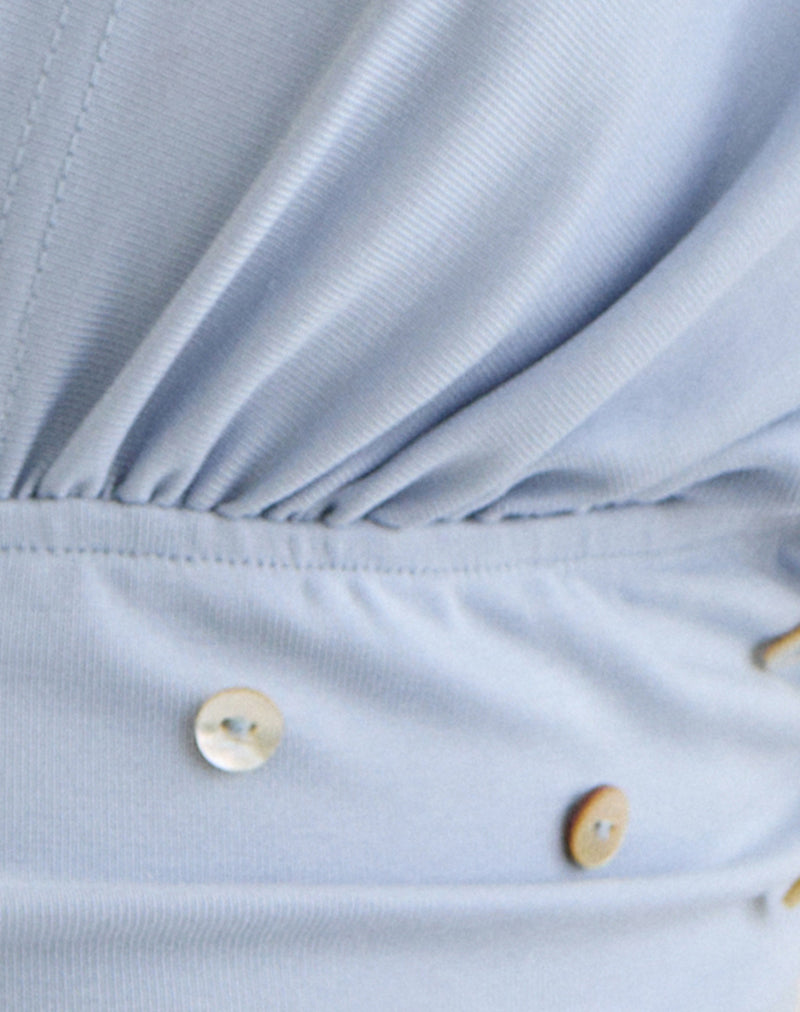 Vernia Plunge Batwing Top in Lyocell Dusty Blue with Pearl Buttons