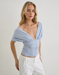 Vernia Plunge Batwing Top in Lyocell Dusty Blue with Pearl Buttons